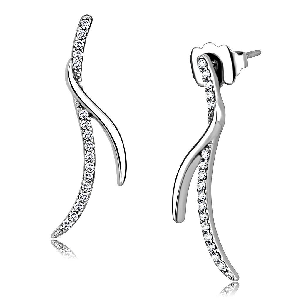 JCE183 High polished (no plating) Stainless Steel Earrings with AAA Grade CZ  in Clear