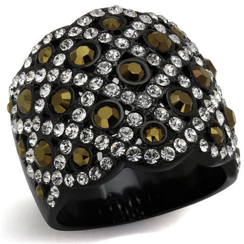 JCE2197 IP Black(Ion Plating) Stainless Steel Ring with Top Grade Crystal  in Metallic Light Gold