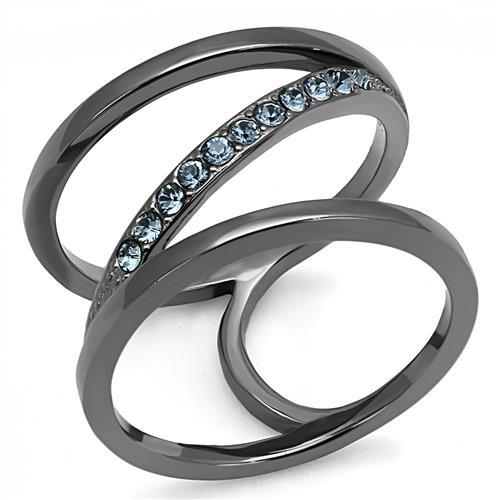 JCE3038 IP Light Black  (IP Gun) Stainless Steel Ring with Top Grade Crystal  in Capri Blue