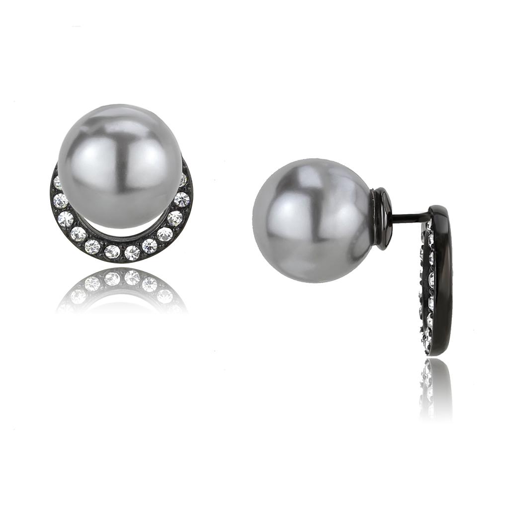 JCE3481 IP Black(Ion Plating) Stainless Steel Earrings with Synthetic Pearl in Light Gray
