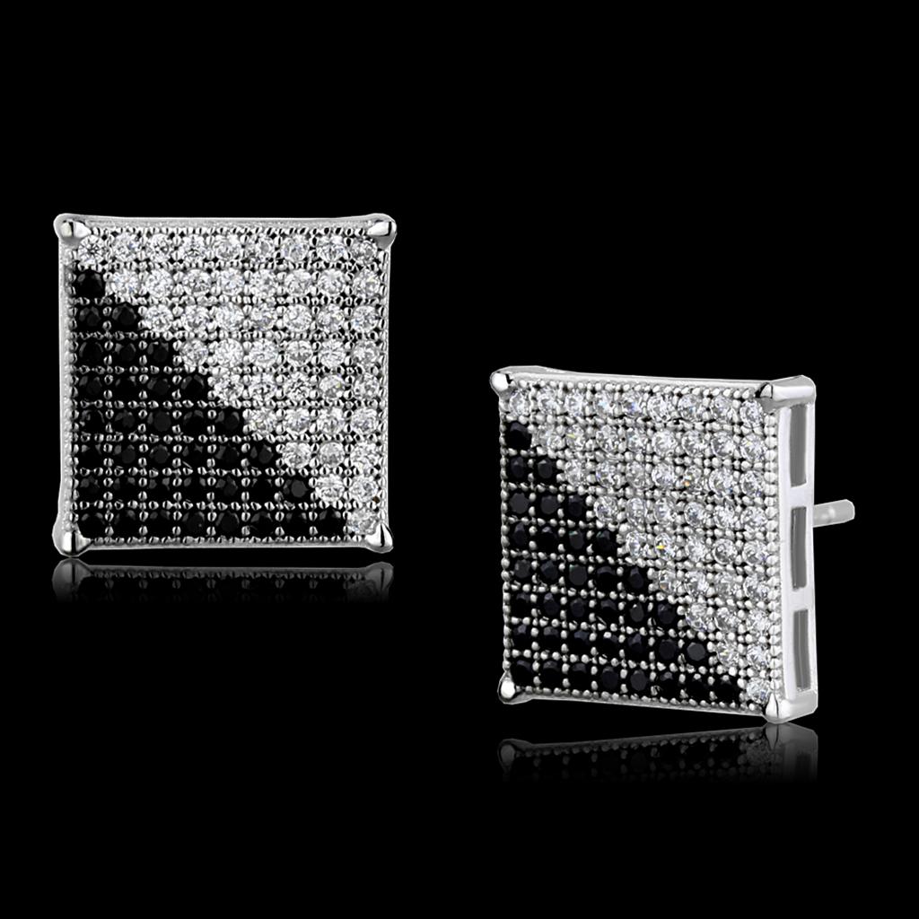 JCE482 Rhodium + Ruthenium 925 Sterling Silver Earrings with AAA Grade CZ  in Black Diamond